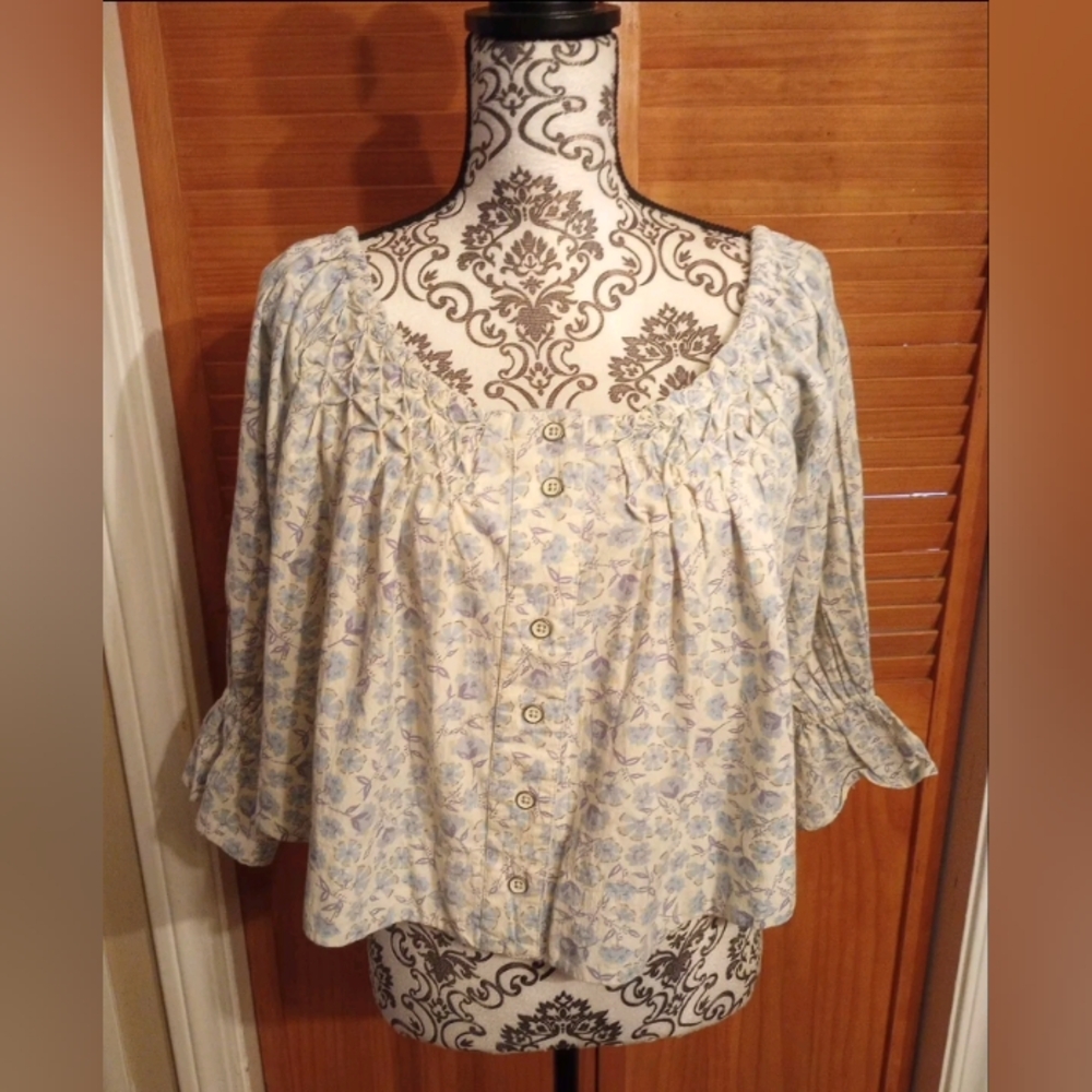Free People Boho James Smocked Puff Sleeves Cropped Top Women Small NWOT
